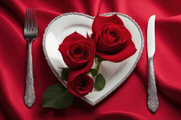 Fototapeta na wymiar Heart shaped plate with a red rose for Valentine's day
