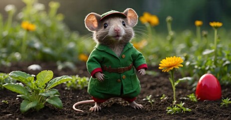 Hyped gardener creature Small, cute, female half-mouse, half-bear in green-red outfit.