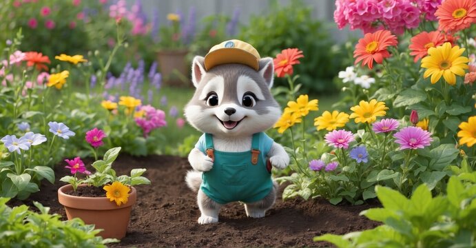  Garden joy Cute animal hybrid in gardening attire, excitedly planting amidst flowers