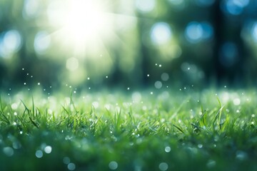Fresh green grass with dew drops and bokeh background - Powered by Adobe