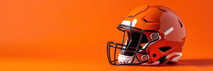 Football helmet on solid orange color background with copy space