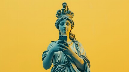 Statue with Smartphone on Yellow - obrazy, fototapety, plakaty