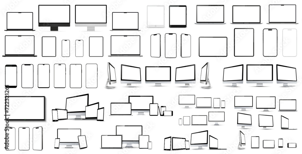 Poster Big set of devices mockup, computer monitor, laptop, smartphone, tablet, collection technology devices with empty display - vector