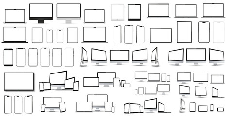 Big set of devices mockup, computer monitor, laptop, smartphone, tablet, collection technology devices with empty display - vector