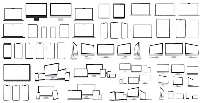 Big set of devices mockup, computer monitor, laptop, smartphone, tablet, collection technology devices with empty display - vector