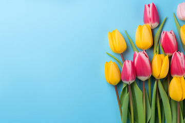 Gelbe und rosafarbene Tulpen auf hellblauem Hintergrund, Platz für Text 
