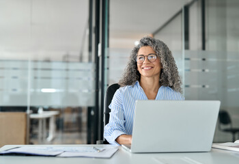 Happy middle aged professional business woman working in office with laptop looking away. Smiling...