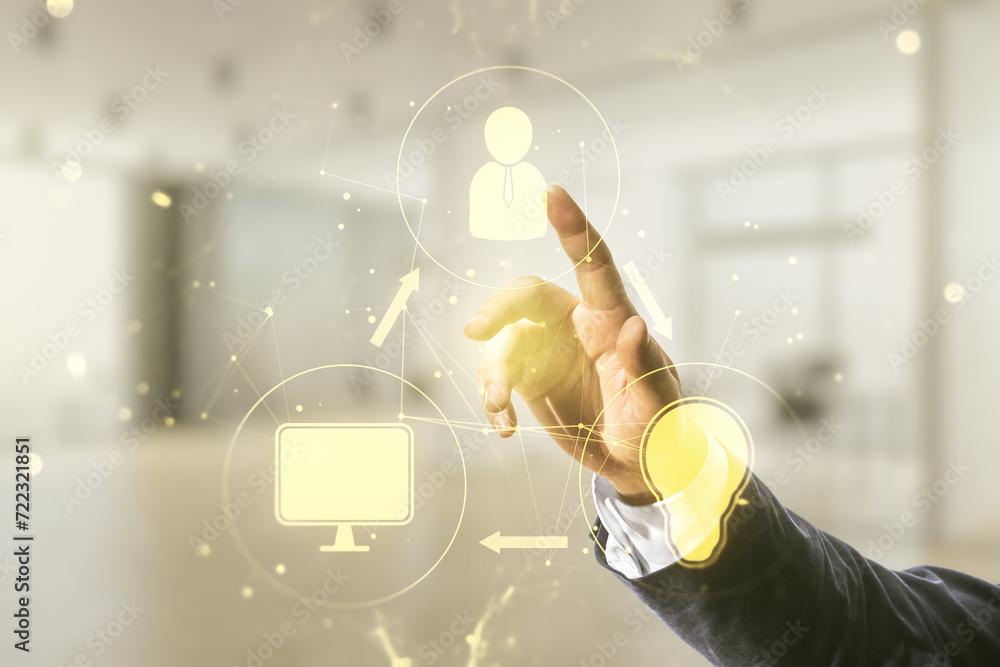 Poster man hand clicks on abstract virtual social network hologram on blurred office background. double exp