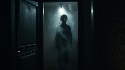 Silhouette of a child sleep walking by an ominous and sinister force fog