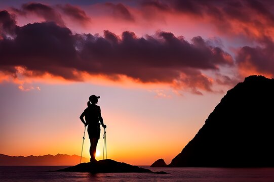 A-young-woman-hikers-silhouette-against-the-mesmerizing-colors-of-sunrise-on-a-seaside-mountain-peak,silhouette-of-a-person-standing-on-a-rock-at-sunset