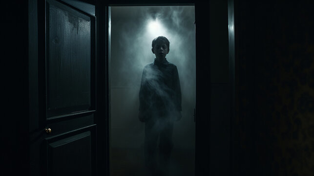 Silhouette of a child sleep walking by an ominous and sinister force fog