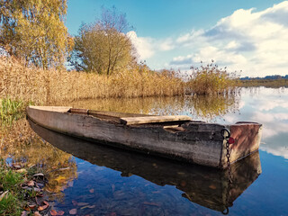 Stara drewniana łódź na zalewie pośród trzcin - obrazy, fototapety, plakaty