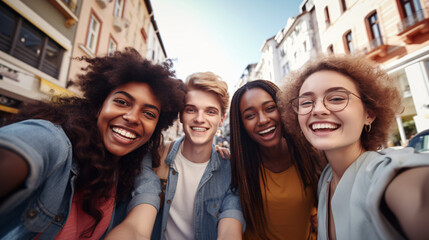 Group of friends taking selfie on the street. Group of young african american and caucasian people having fun together.