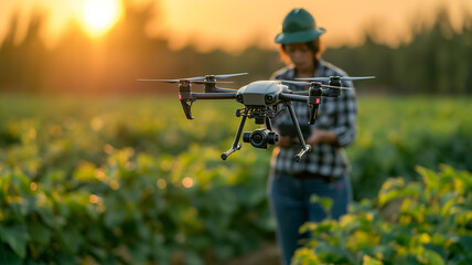 Fototapeta premium An agriculturalist who does qualified agriculture using drones and smart applications