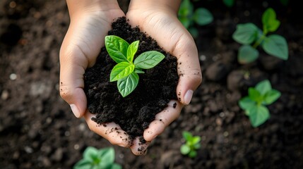 Nurturing Growth: Hands Cradling Young Plant in Soil