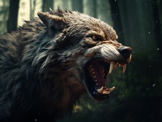 Angry wolf roaring in the forest