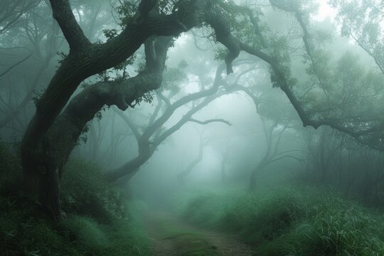 Foggy and Misty Forest Path at Dawn