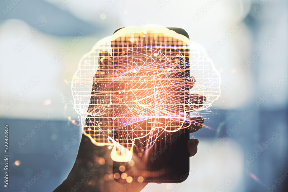 Aufkleber creative artificial intelligence concept with human brain sketch and hand with mobile phone on backg