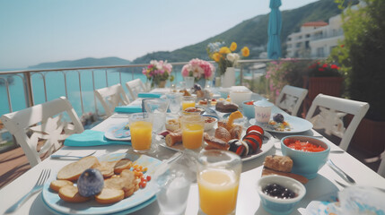 Seaside Serenity: Coastal Breakfast Buffet with Ocean View AI-Generative