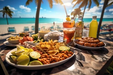 Fototapeta na wymiar American fast food on the background of the beach. Food photography. American cuisine concept