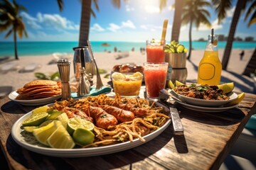 Fototapeta na wymiar American fast food on the background of the beach. Food photography. American cuisine concept