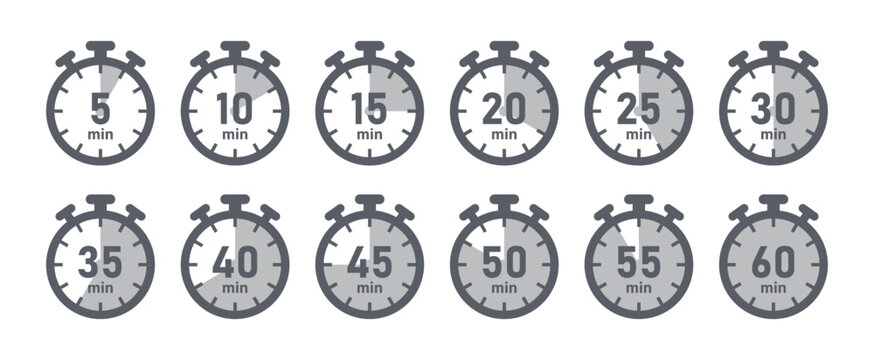 5-minute time counter concept set of clocks or stopwatches vector image in grey color. Cooking time symbols and labels - Vector Icon