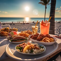 American fast food on the background of the beach. Food photography. American cuisine concept