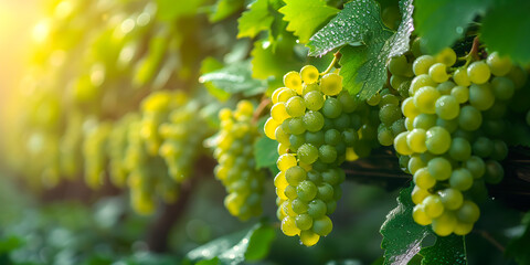 A bunch of white grapes in a vineyard