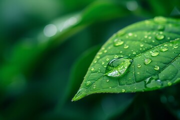 Capturing the beauty of nature's refreshment, a dew-covered leaf glistens in the rain with intricate droplets reflecting the lush green surroundings