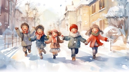 Drawing of happy children, boys, and girls, in warm winter clothes, enjoying a snowy day filled with holiday cheer.