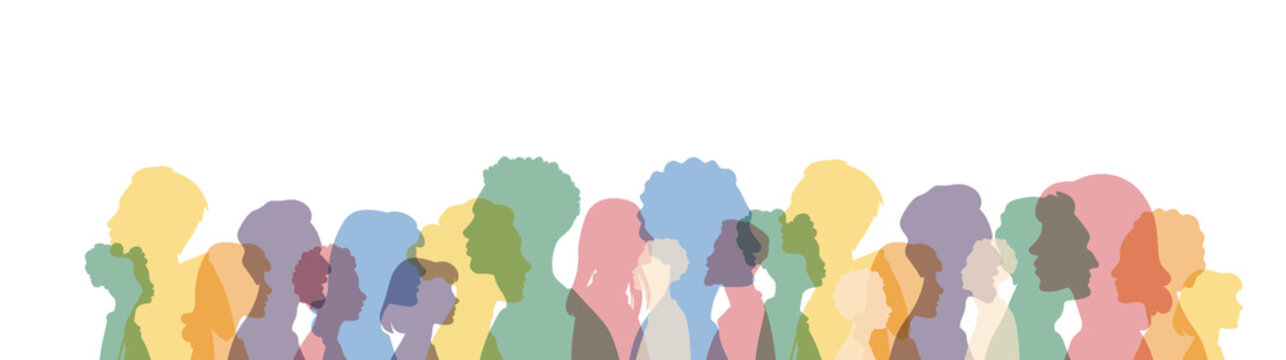 Different people stand side by side together. Group colored silhouette people from the side. Men and women portraits. Community of colleagues or collaborators, inclusive education, co-workers.