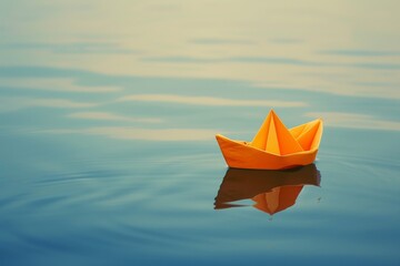 A vibrant orange paper boat floats peacefully on the shimmering lake, its intricate origami design mirrored in the serene waters