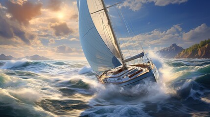 The perfect drawing of a yacht with open sails sailing on a blue ocean represents the joy of boating under a huge blue sky with clouds.