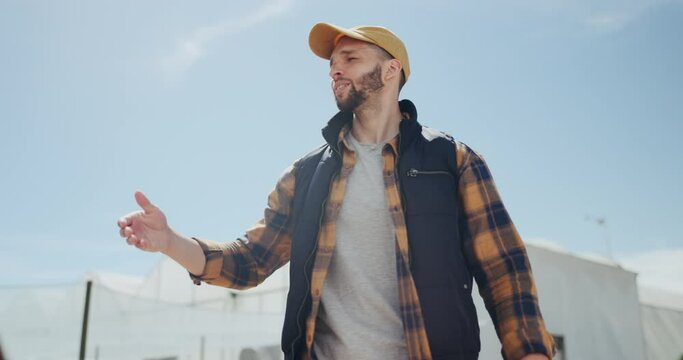 Farming, happy man or farmers shaking hands in partnership for agriculture production. Teamwork, development or low angle of people in meeting for business collaboration, deal or handshake agreement
