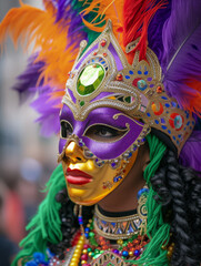 A colourful Mardi Gras mask with purple feathers and intricate beadwork.