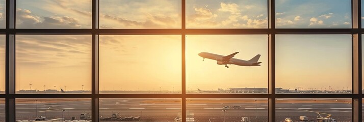 airplane taking off from runway view from airport window