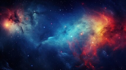 A deep space background with a nebula filled with stars. The nebula has a blue-red color scheme and appears to be made of blue sky. - obrazy, fototapety, plakaty