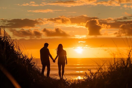 Two lovers bask in the golden afterglow of a beautiful sunset, standing on the sandy beach with the sky painted in hues of pink and orange, their silhouettes blending into the natural landscape as th