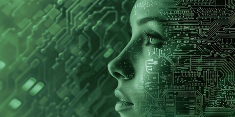 Woman's face made of green digital data
