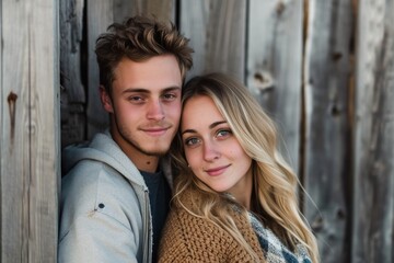 A young woman with a warm smile and brown hair stands confidently outdoors, posing for a picture with a man against a wooden backdrop, their clothing and faces reflecting their shared happiness