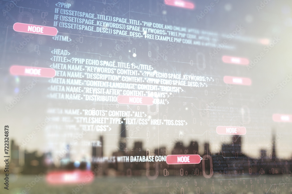 Poster abstract virtual coding concept on blurry skyline background. multiexposure
