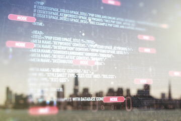 Abstract virtual coding concept on blurry skyline background. Multiexposure