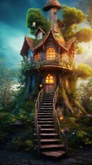 Fototapeta premium A treehouse with a winding staircase leading up to it, situated in a forest.
