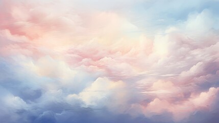 A painting of a sky filled with cotton candy-colored clouds. The predominant colors are pinks, blues, and violets, with some white clouds mixed in.