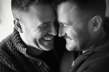 A portrait of two men dressed in stylish clothing, their faces beaming with love and laughter as they share a tender kiss by touching noses