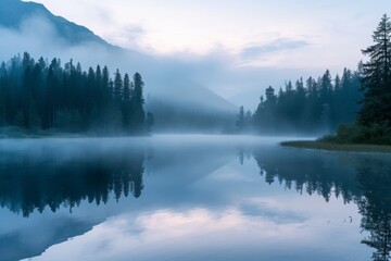 Misty Morning Fog Over Mountain Lake at Dawn