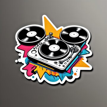 sticker of a DJ turntable with three vinyl records on top of it