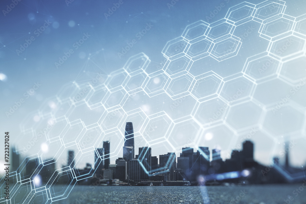 Poster abstract virtual wireless technology hologram with hexagon on san francisco skyline background. big 