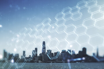 Abstract virtual wireless technology hologram with hexagon on San Francisco skyline background. Big...