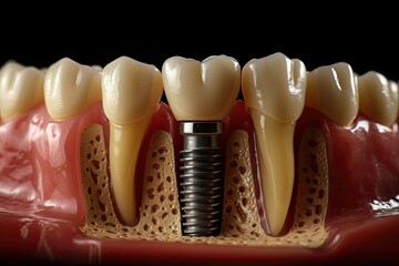 Fototapeta na wymiar Tooth implant and teeth on a black background